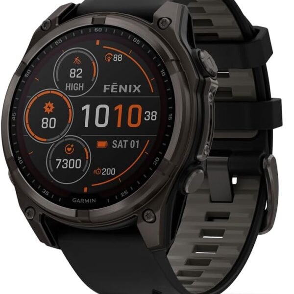 Garmin fēnix® 8-47mm Solar AMOLED Saphir Premium Multisport GPS Smartwatch Lange Akkulaufzeit Tauchbewertet Eingebaute LED-Taschenlampe Carbon Gray DLC Titanium mit Pebble Gray Band