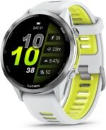 Garmin® Forerunner® 970, Premium GPS Running und Triathlon Smartwatch, AMOLED-Display, integrierte LED-Taschenlampe, Titan mit Whitestone-Gehäuse und Whitestone/Translucent Amp Yellow Band