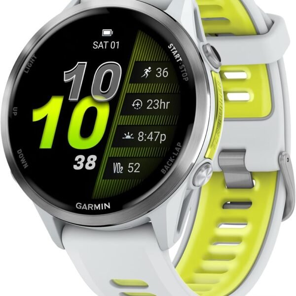 Garmin® Forerunner® 970, Premium GPS Running und Triathlon Smartwatch, AMOLED-Display, integrierte LED-Taschenlampe, Titan mit Whitestone-Gehäuse und Whitestone/Translucent Amp Yellow Band