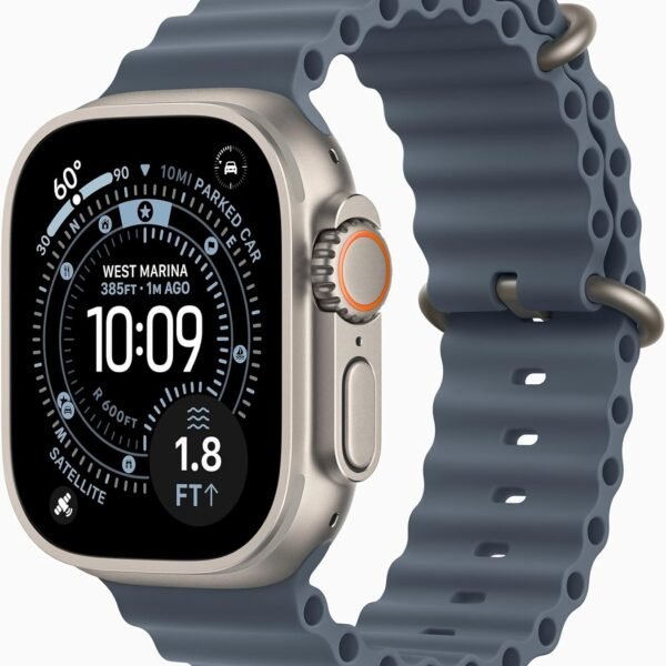 Apple Watch Ultra 3 [GPS + Cellular, 49mm] Titangehäuse Natur mit Ocean Armband Maritimblau (Generalüberholt)